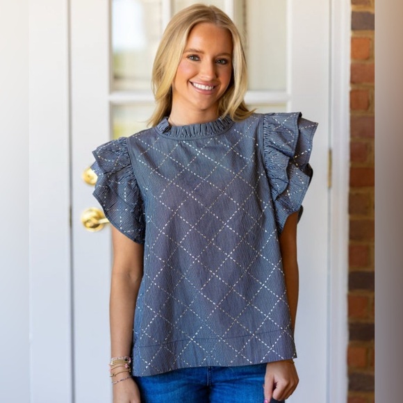 JODIFL Black / White Stripe Ruffled Sleeveless Blouse with sparkle design - Picture 2 of 16